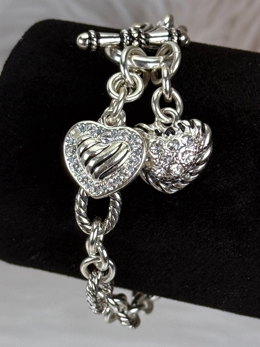 Vintage Silvertone Heart Charm Bracelet Toggle Clasp Clear Accents
